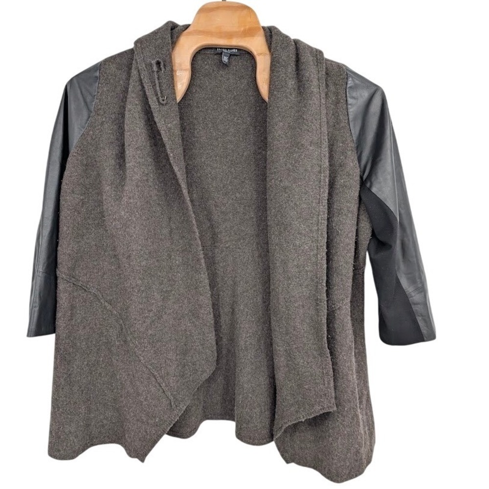 Eileen Fisher Wool Cardigan Jacket Leather‎ Sleeve Open Front Brown Black 3X